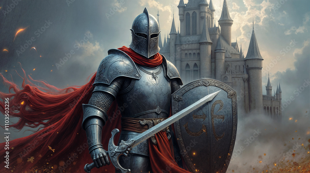 medieval knight with shining sword against castle background . Generative AI medieval knight with shining sword against castle background . Generative AI