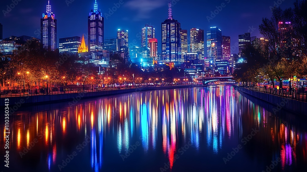A vibrant cityscape at night with skyscrapers illuminated by colorful lights reflecting on a calm river A vibrant cityscape at night with skyscrapers illuminated by colorful lights reflecting on a calm river