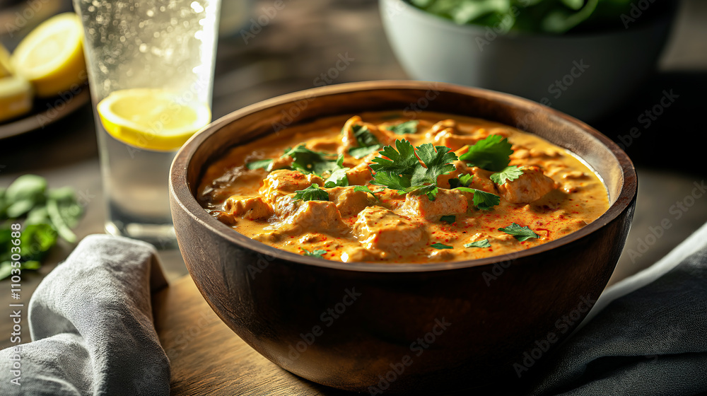 Artistic Butter Chicken Display in a Rustic Wooden Bowl with Cilantro and Chili Flakes for Cozy Evening Dining Artistic Butter Chicken Display in a Rustic Wooden Bowl with Cilantro and Chili Flakes for Cozy Evening Dining