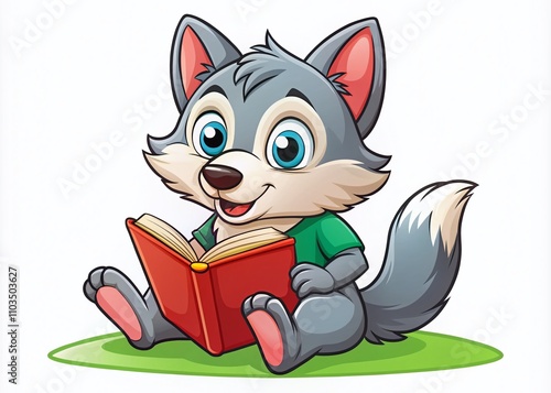 Concerned Wolf Reading a Book - Young Animal Cartoon Illustration for Education and Mascot Concepts, Perfect for Logos and Educational Material Use photo