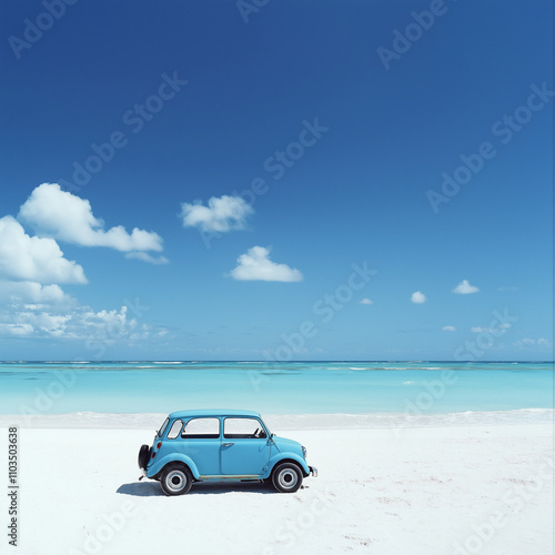 青い海と青い車