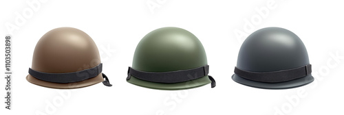 Military helmets in three colors: brown, green, gray. Display of various helmet designs with straps. Ideal for military, safety, or historical contexts., isolated on transparent background, png photo