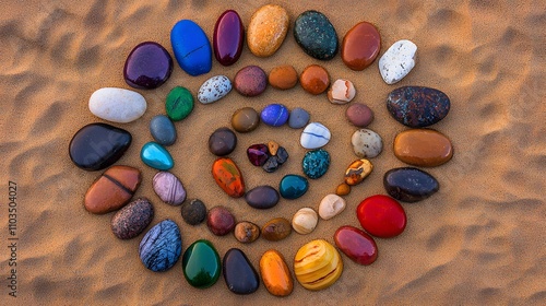 An artistic arrangement of semi-precious stones in an abstract style, with room for descriptive text,