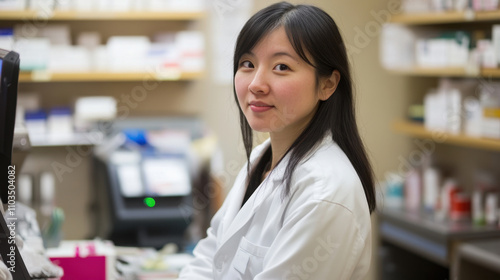 Portrait of cheerful asian female pharmacist in pharmacy, medicines and supplements on shelves in background