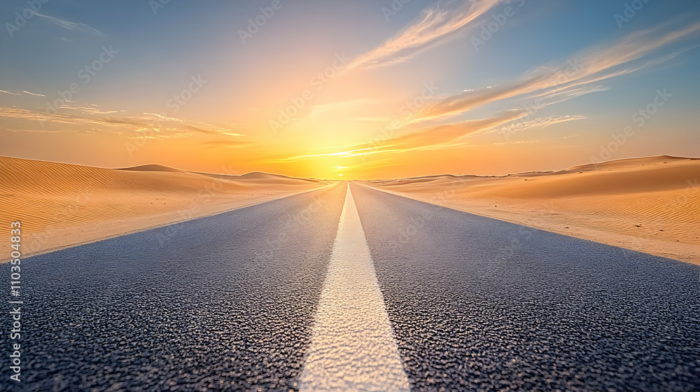 Serene Desert Road Under Vibrant Sunset Sky with Sand Dunes Serene Desert Road Under Vibrant Sunset Sky with Sand Dunes