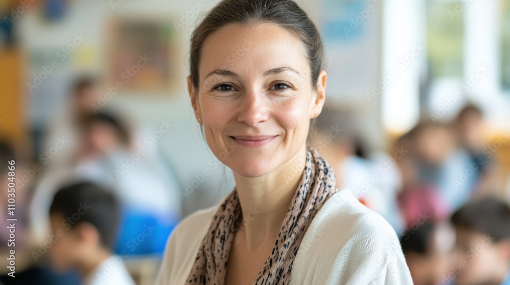 Portrait of Smiling Teacher in Classroom with Blurred Students, Tendency Toward Individuality
Portrait of Smiling Teacher in Classroom with Blurred Students, Tendency Toward Individuality