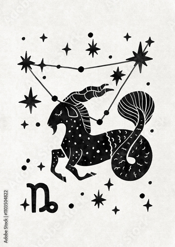 Folk poster of Capricorn Zodiac sign, trendy Scandinavian astrological illustration of constellation, black