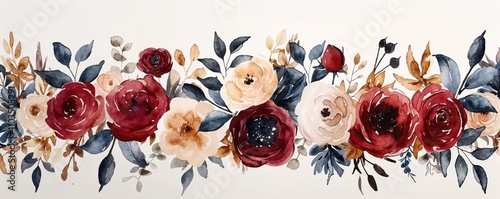 Watercolor floral border with burgundy and blush roses, navy leaves. Romantic wedding design element features deep red and peach blooms. Elegant botanical illustration. 8k banner