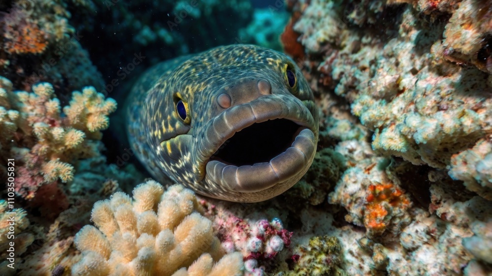 Here's a possible and keyword list for your stock photo.. Close-up of a moray eel's open mouth in a coral reef. Here's a possible and keyword list for your stock photo.. Close-up of a moray eel's open mouth in a coral reef.