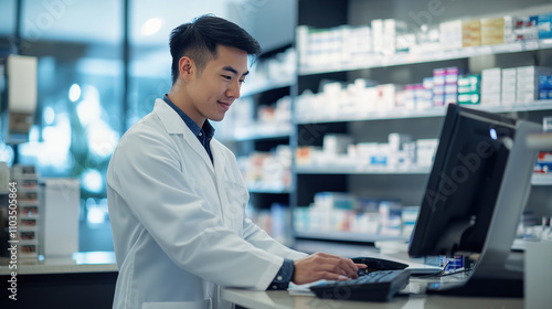 Obraz na płótnie Smiling Asian pharmacist in a pharmacy operates a computer and searches for medicines from a patient's prescription w salonie