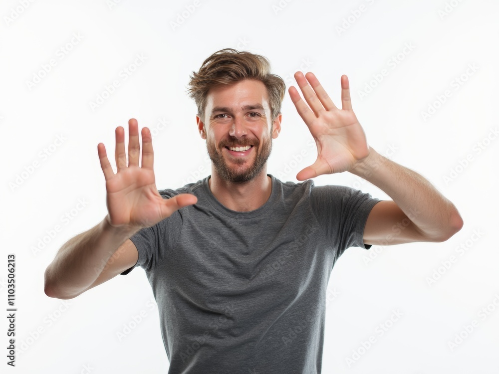 Smiling Man Gestures With Hands in a Welcoming Pose Against a Light Background During Daylight Hours Smiling Man Gestures With Hands in a Welcoming Pose Against a Light Background During Daylight Hours