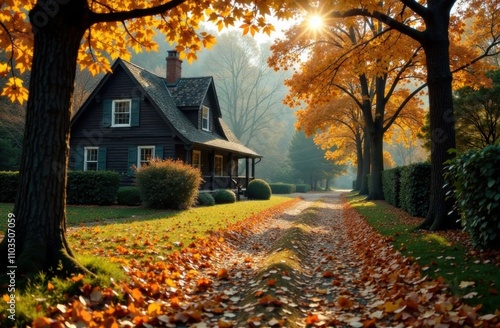 Warm sunlight filters through vibrant autumn leaves, casting a glow on a charming house amid a peaceful country landscape. Generative AI