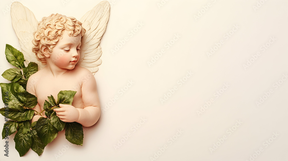 Fototapeta premium Serene Cherub with Wings and Green Leaves on Soft Background