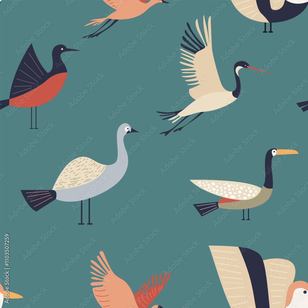 Obraz premium Birds Seamless Pattern, Vector Art for Modern Designs, minimalism, muted colors, background