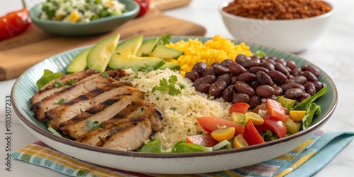 Delicious grilled chicken salad with vibrant vegetables and quinoa presentation