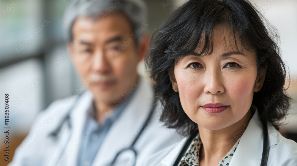 Team of middle-aged Asian doctors wearing white coats represent a well-functioning healthcare system Team of middle-aged Asian doctors wearing white coats represent a well-functioning healthcare system