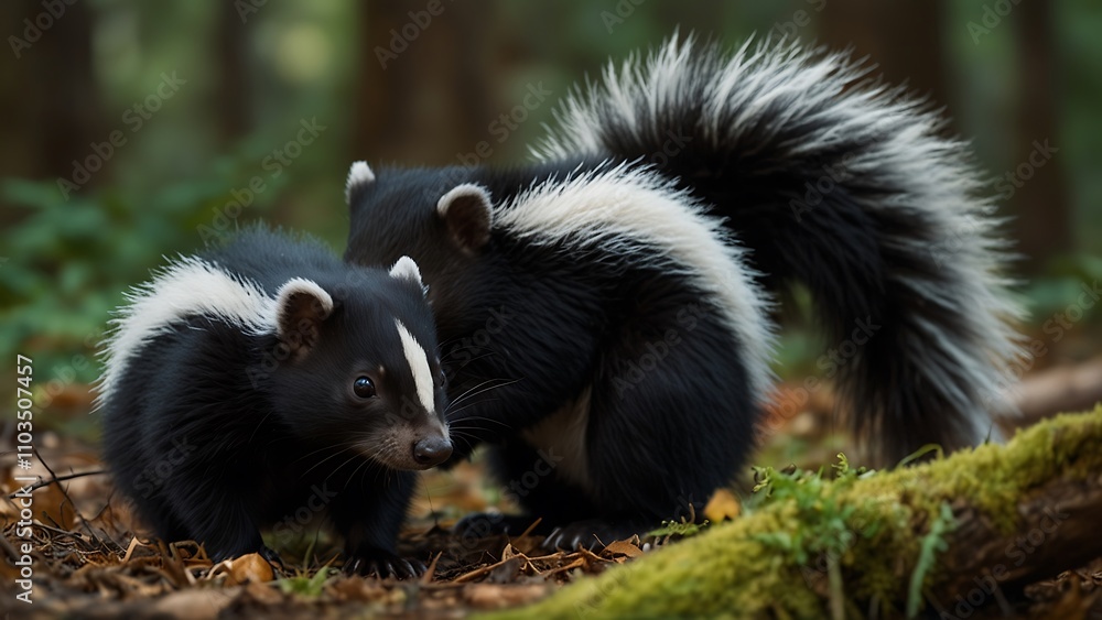 black and white skunk in the forest black and white skunk in the forest