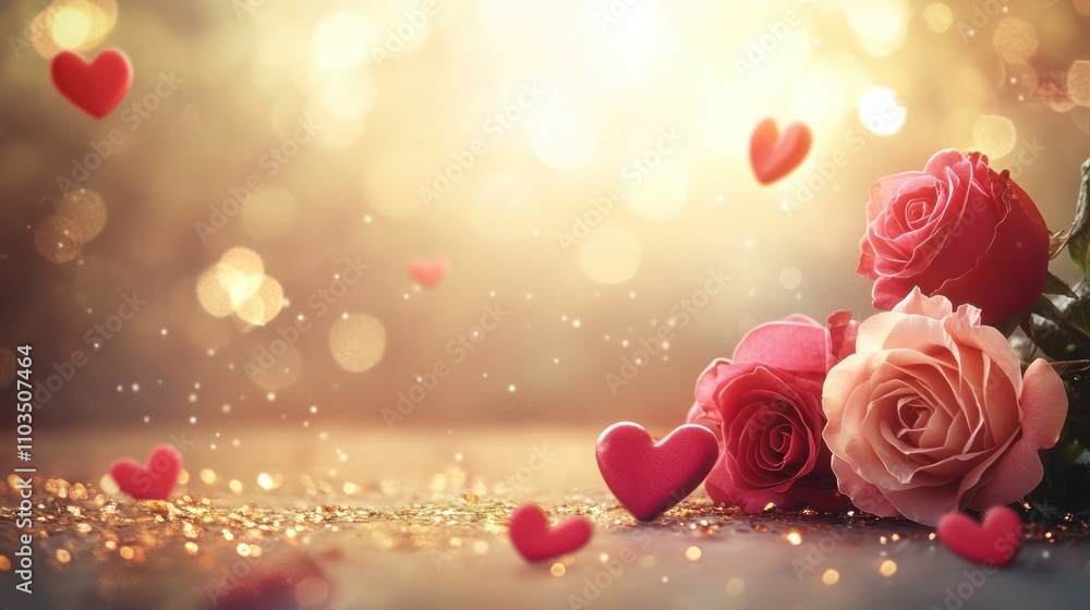 A romantic Valentine's Day card design, with red hearts, pink roses, and a soft golden glow in the background, elegant typography spelling 'Happy Valentine's Day' A romantic Valentine's Day card design, with red hearts, pink roses, and a soft golden glow in the background, elegant typography spelling 'Happy Valentine's Day'