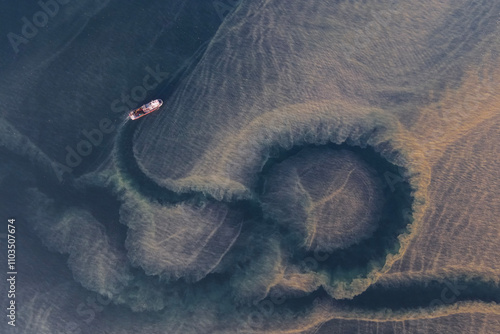 image of the researching ship looking for fish in the blurred sea after rain and storm. photo