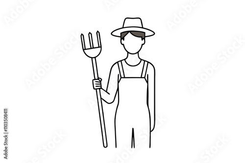 Farmer worker holding fork farming tool line art vector illustration