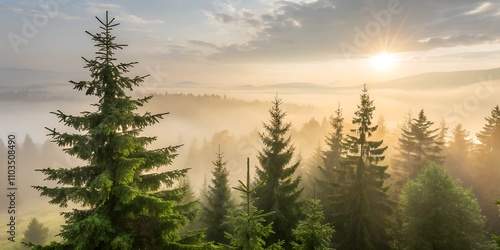 Fog-covered forest at sunrise with distant hills and early morning light