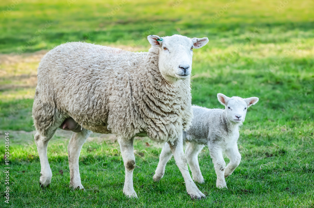 Mother sheep chewing grass and her cute young lamb by her side in early Springtime, facing front in green meadow. Yorkshire Dales, UK. Horizontal. Copy space Mother sheep chewing grass and her cute young lamb by her side in early Springtime, facing front in green meadow. Yorkshire Dales, UK. Horizontal. Copy space