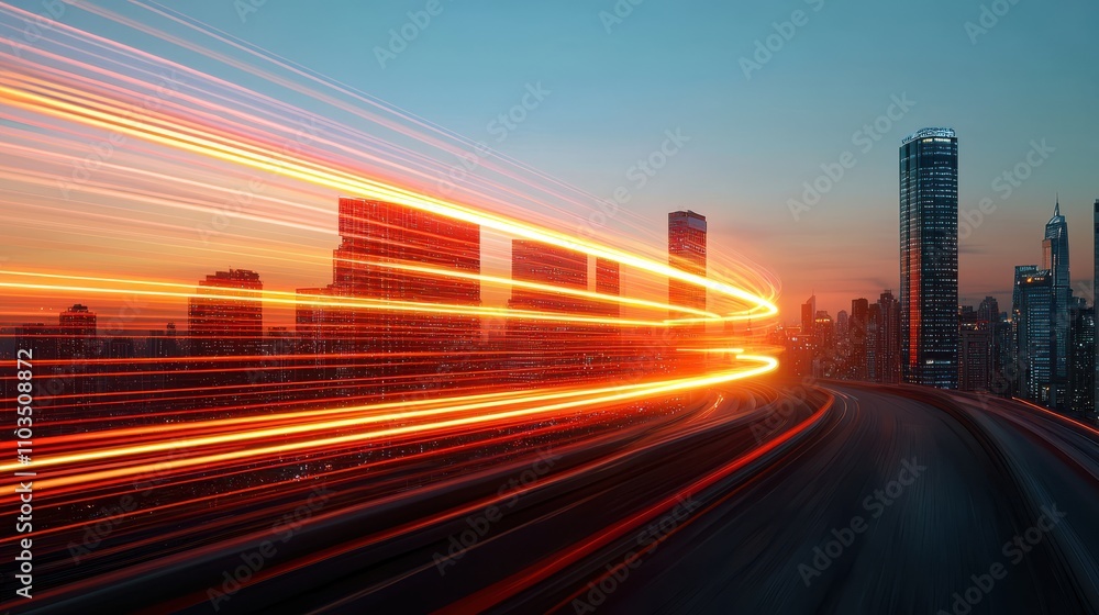 vibrant city at dusk with glowing lights from 5G network illuminating skyline. dynamic motion of light trails creates energetic atmosphere vibrant city at dusk with glowing lights from 5G network illuminating skyline. dynamic motion of light trails creates energetic atmosphere