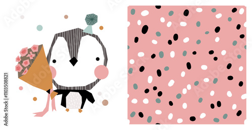 Cute seamless pattern penguin childish kid print with a bouquet Adorable cartoon collection greeting card, wrapping paper, gift box, bag.