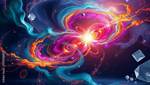 3D abstract space scene showcasing a cosmic collision of two galaxies. Use bright swirling colors like teal magenta and gold to depict the explosive interaction.