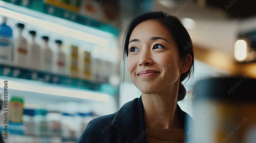 Woman is looking for medicines and supplements in a pharmacy, browsing through shelves full of medicine packages Woman is looking for medicines and supplements in a pharmacy, browsing through shelves full of medicine packages