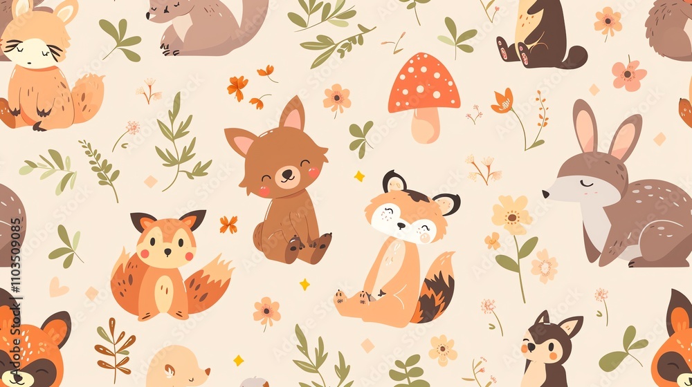 Seamless pattern with cute cartoon animals in a forest with leaves and flowers. Seamless pattern with cute cartoon animals in a forest with leaves and flowers.