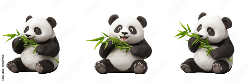 Panda eating bamboo, three playful poses, cute expressions, fluffy fur, cartoon style, isolated on transparent background, png