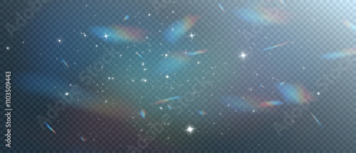 Png light of Rainbow and white dust. Png Bokeh light effect. Christmas glowing dust. Rainbow flickering glow with confetti light and crystal flare. Pure arbord, vector illustration and png all in one.