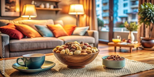 Cozy Living Room with Bowl of Mixed Nuts on Coffee Table, Inviting Atmosphere for Relaxation and Enjoyment, Perfect for Home Decor Inspiration and Entertaining Guests