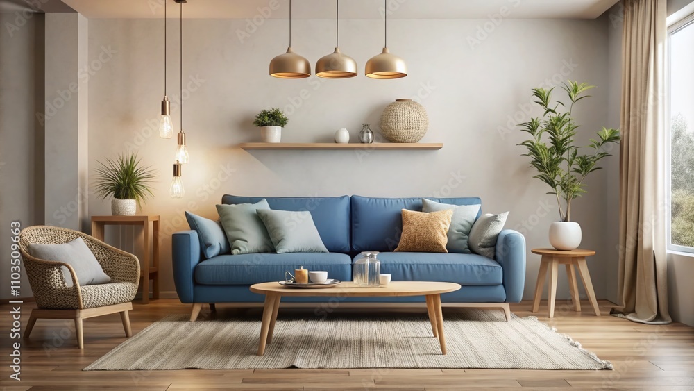 Cozy Minimalist Living Room Featuring a Blue Sofa and Wooden Accents, Perfect for Relaxation and Modern Design Aesthetics in Contemporary Home Decor Cozy Minimalist Living Room Featuring a Blue Sofa and Wooden Accents, Perfect for Relaxation and Modern Design Aesthetics in Contemporary Home Decor