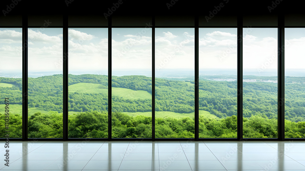 Modern Interior with Panoramic View of Lush Green Hills and Sky Modern Interior with Panoramic View of Lush Green Hills and Sky