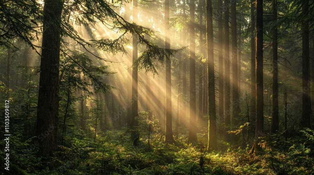 Fototapeta premium Sunbeams Dancing Through Ancient Forest 