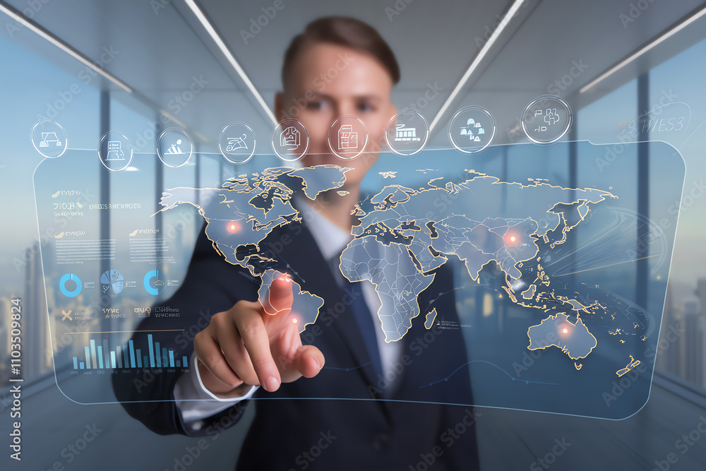 Businessman interacts with futuristic digital interface in modern office setting