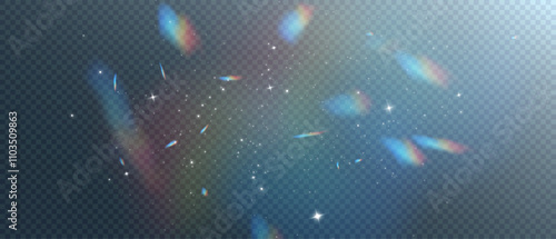 Png light of Rainbow and white dust. Png Bokeh light effect. Christmas glowing dust. Rainbow flickering glow with confetti light and crystal flare. Pure arbord, vector illustration and png all in one.