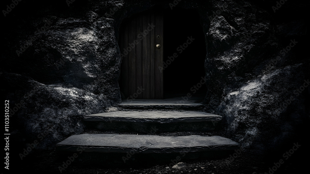 Obraz premium Mysterious Cave Entrance with Steps Leading to Dark Doorway