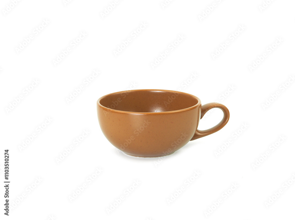 Side view, empty brown mug isolated on white background. Blank brown ceramic cup mockup and template for design, banner. Use for home or restaurant. Side view, empty brown mug isolated on white background. Blank brown ceramic cup mockup and template for design, banner. Use for home or restaurant.