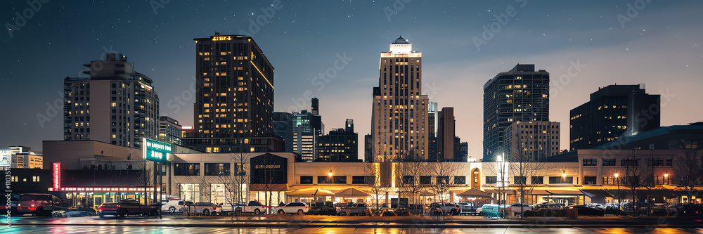City skyline illuminated at night with modern buildings and vibrant activity on the streets City skyline illuminated at night with modern buildings and vibrant activity on the streets