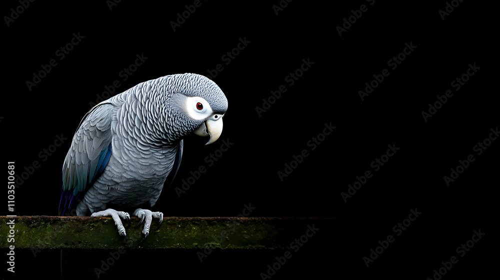 Obraz premium Majestic Gray Parrot Perched on a Branch Against Black Background