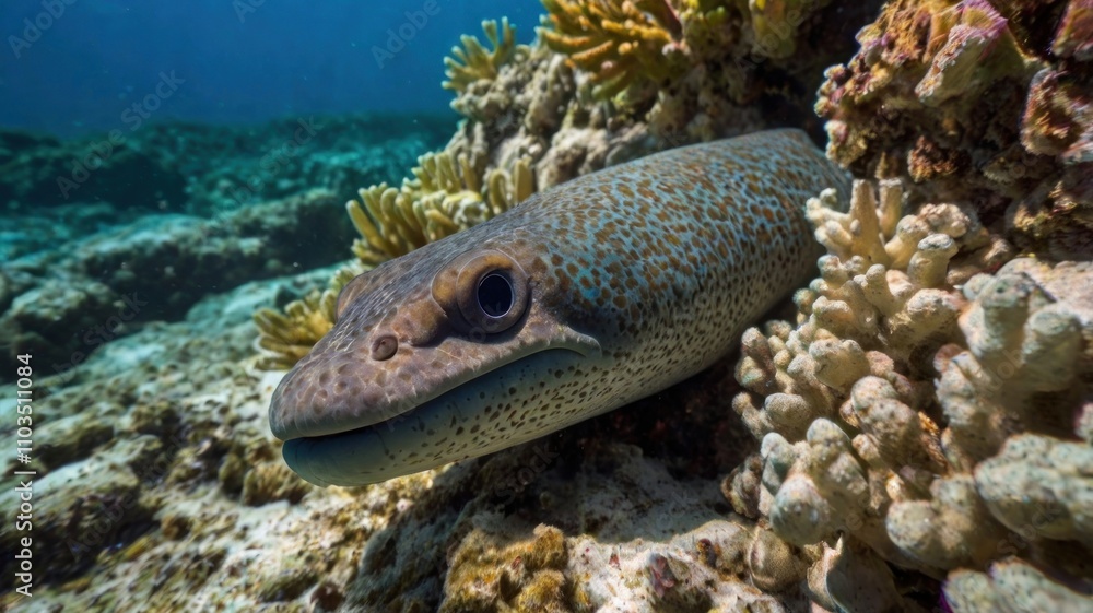 Here's a description and keywords for your stock photo.. A speckled, flathead fish camouflaged amongst vibrant coral reef. Here's a description and keywords for your stock photo.. A speckled, flathead fish camouflaged amongst vibrant coral reef.