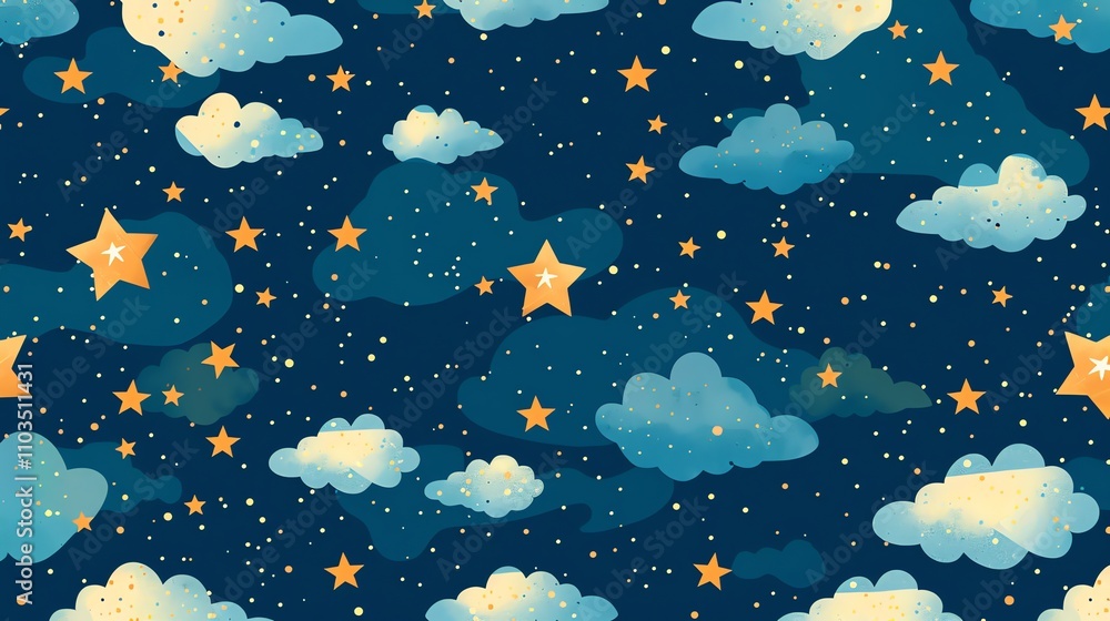 Fototapeta premium A seamless pattern of clouds and stars on a dark blue background.