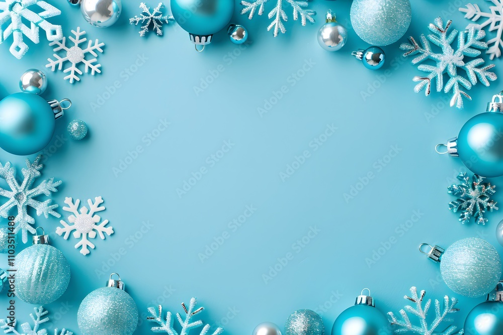 White snowflakes border on bright blue background. Christmas and New Year holiday concept. Paper cut style. Winter frame with copy space for design greeting card, banner. Top view, flat lay White snowflakes border on bright blue background. Christmas and New Year holiday concept. Paper cut style. Winter frame with copy space for design greeting card, banner. Top view, flat lay