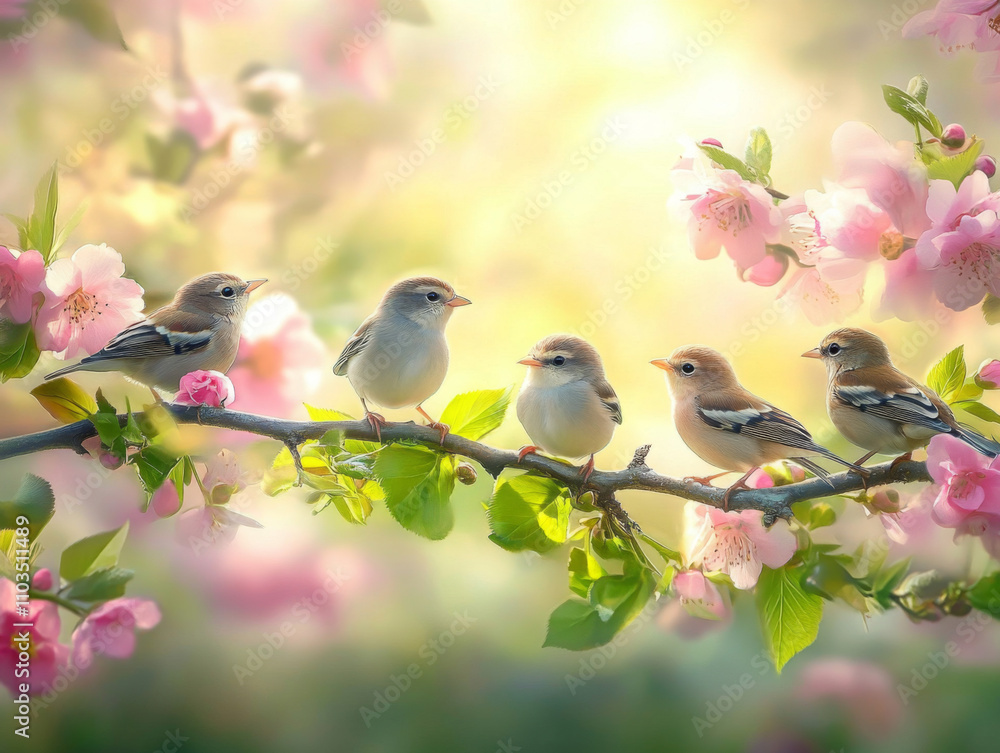 Fototapeta premium illustration of birds in spring on a branch in colors Ai, A group of small, cute birds sitting on a branch in a spring garden with pink flowers, green leaves, and blooming trees