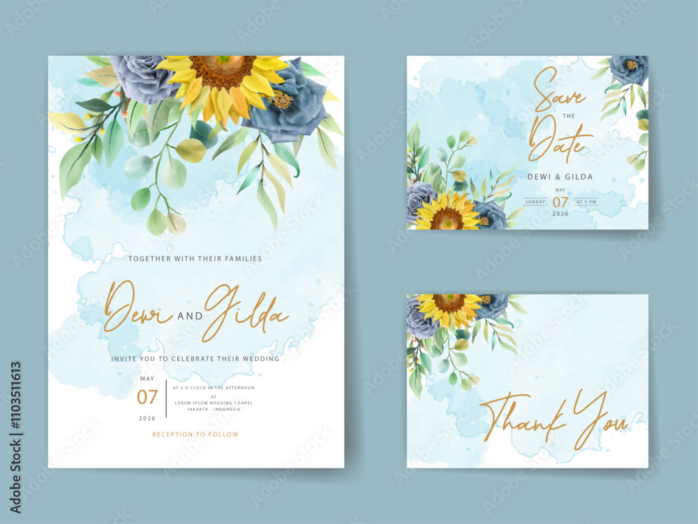Naklejka premium watercolor wedding invitations blue and yellow flowers