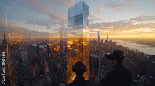 Two people wearing VR headsets overlook cityscape at sunset