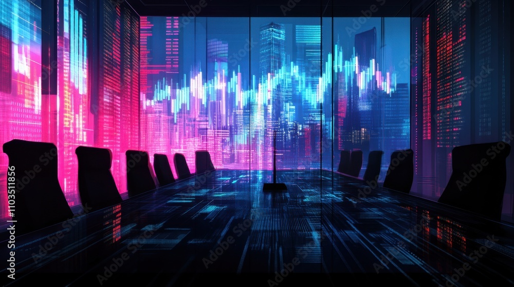A financial strategy concept with digital charts overlaying a boardroom meeting. A financial strategy concept with digital charts overlaying a boardroom meeting.